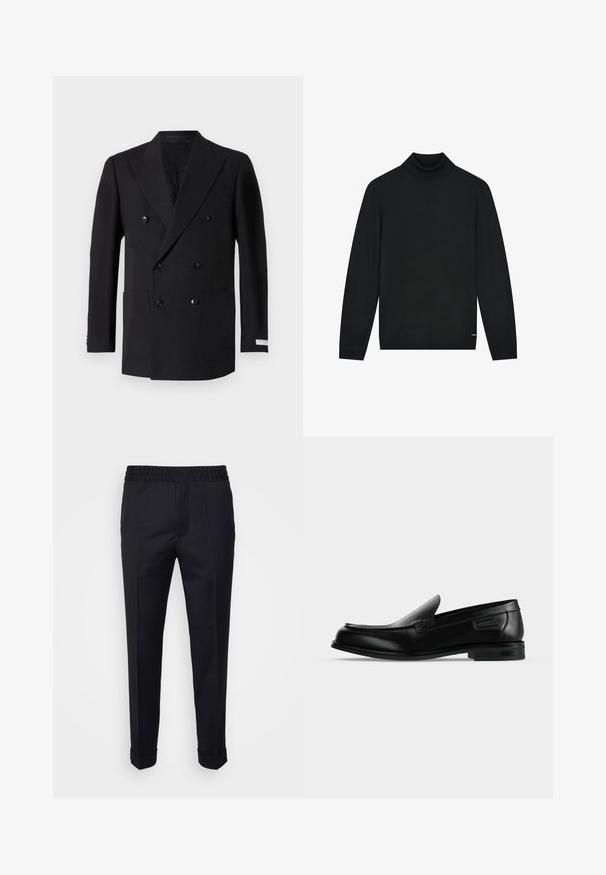 Dubbelzijdige zwarte blazer van fijne stof, met twee voorzakken, geknipt revers en zwarte knopen. Perfecte pasvorm.; Zwarte coltrui van zacht materiaal, met lange mouwen en een nauwsluitende kraag. Minimalistisch ontwerp zonder zichtbare patronen.; Zwarte broek van lichtgewicht stof, met een elastische tailleband, zijzakken en opgerolde mouwen. Soepele textuur met voorplooien.; Zwarte leren instapschoen met lage hak, afgeronde neus en decoratieve stiksels langs de bovenrand.