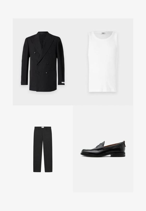 Dobbeltradet sort blazer lavet af fint stof, med to forlommer, klippede revers og sorte knapper. Skræddersyet pasform.; Hvid bomulds tanktop uden ærmer med rund halsudskæring og en glat tekstur. Enkel design, ingen mønstre eller accenter.; Sorte bukser med lige ben-design, lavet af stof med en glat tekstur, med to forlommer og en standard talje.}}; Sort læder herre loafer med moc-tå syning, penny strop, struktureret krave og lav stablet hæl på hvid baggrund.