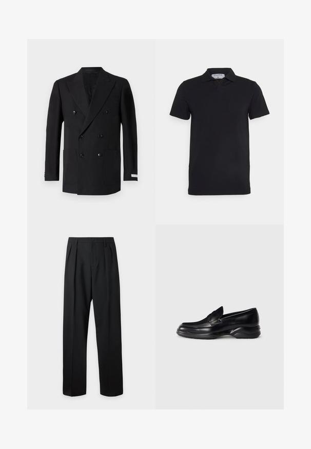 Dobbeltradet sort blazer lavet af fint stof, med to forlommer, klippede revers og sorte knapper. Skræddersyet pasform.; Sort kortærmet polo-shirt med klassisk krave, lavet af glat stof. Har et mærke med brandnavnet 'Filippa K' ved halsudskæringen.; Sorte skræddersyede bukser med høj talje, bæltestropper, frontfolder, knaplukning og lige vide ben på en lys baggrund.; Sorte læder loafers med en lav, tekstureret gummisål og et syet design på overdelen. Har en rund tå og minimale udsmykninger.