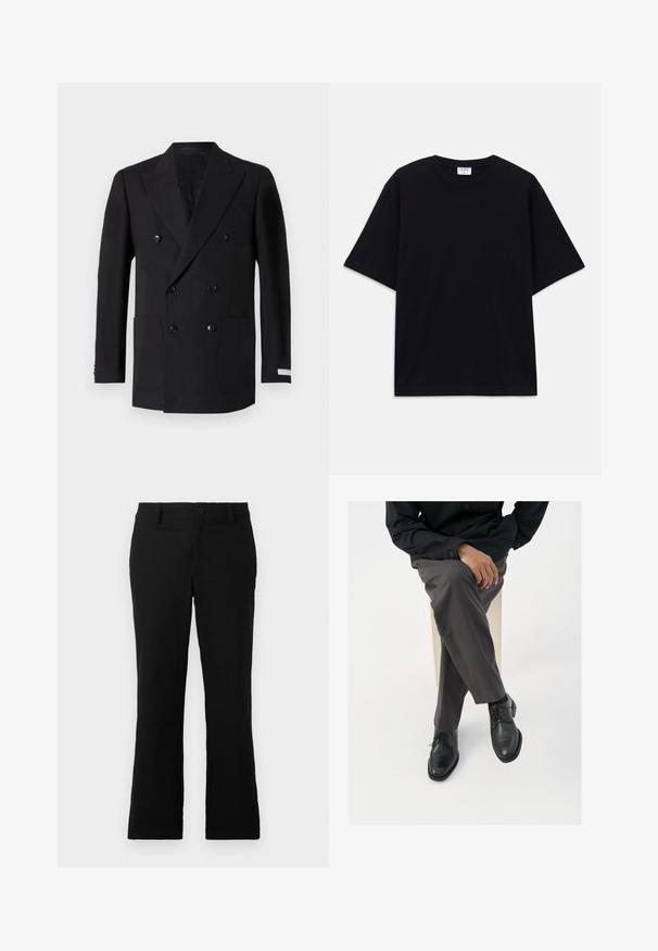 Dobbeltradet sort blazer lavet af fint stof, med to forlommer, klippede revers og sorte knapper. Skræddersyet pasform.; Sort oversized T-shirt med korte ærmer og rund halsudskæring, med synlig Filippa K mærke indeni kraven.; Sorte flagrende bukser lavet af en blanding af bomuldsstof, med knaplukning, bælteløkker og en glat tekstur uden synlige mønstre.; Sorte læder snørebåndssko med en poleret finish, parret med grå skræddersyede bukser, vist i en siddende position mod en hvid baggrund.