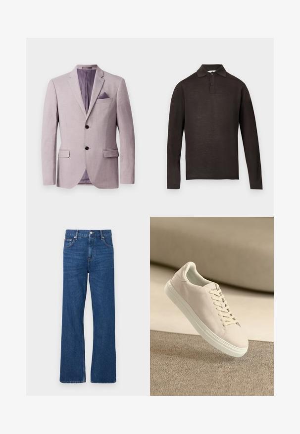 Helles Lavendelblazer mit strukturiertem Design, zwei schwarzen Knöpfen, Reverskragen und einem Einstecktuch in der Brusttasche. Die Innenfutter ist lila.; Langärmeliges, dunkelbraunes Poloshirt aus weichem Stoff, mit spitzem Kragen und Drei-Knopf-Leiste. Glatte Struktur ohne Muster.; Blaue Denim-Jeans mit weitem Bein, ausgestattet mit einem klassischen Knopf- und Reißverschluss sowie fünf Taschen. Auffällige, ausgebleichte Textur im gesamten Stoff.; Beige Wildleder-Sneaker mit weißer Sohle und Schnürsenkeln, die über einem strukturierten beigen Teppich vor einem sanften beigen Hintergrund schwebt.