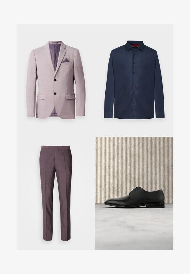 Helles Lavendelblazer mit strukturiertem Design, zwei schwarzen Knöpfen, Reverskragen und einem Einstecktuch in der Brusttasche. Die Innenfutter ist lila.; Dunkelblaue, langärmelige, knöpfbare Hemdbluse mit Kragen, sechs schwarzen Knöpfen und schmal geschnittenem Design.; Maßgeschneiderte Herrenanzughosen in gedämpftem Lilaton, mit glatter Textur, geradem Schnitt und vorderen Falten für zusätzliche Details.; Schwarzer Lederschuh mit glattem, poliertem Finish und strukturiertem Obermaterial, ausgestattet mit sechs Ösen und einer abgerundeten Spitze.