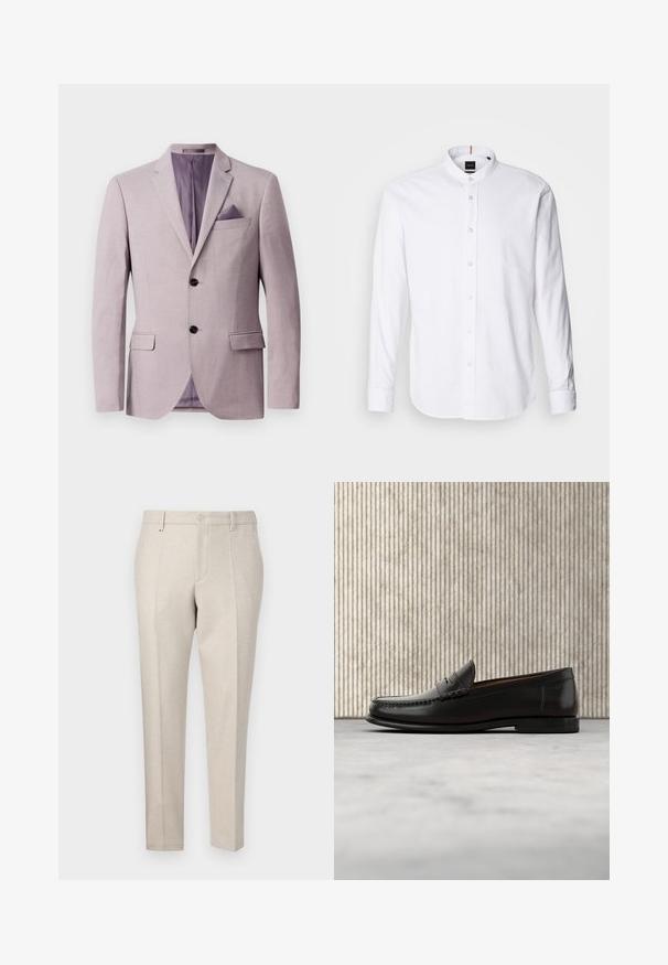 Lichtlavendel blazer met een gestructureerd ontwerp, twee zwarte knopen, notch revers en een zakdoek in de borstzak. De binnenvoering is paars.; Witte lange mouwen shirt met een bandkraag, knoopsluiting aan de voorkant en afgeronde zoom. Gemaakt van katoen, met een gladde textuur en subtiele glans.; Beige op maat gemaakte broek van gestructureerde stof, met een klassieke snit, persplooien en zijzakken.; Zwarte leren penny loafer met lage hak, afgeronde neus en gestikte details langs de voorkant en zijkanten, afgebeeld op een neutrale achtergrond.