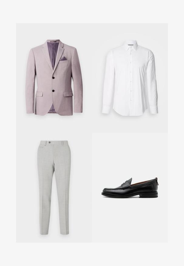 Lichtlavendel blazer met een gestructureerd ontwerp, twee zwarte knopen, notch revers en een zakdoek in de borstzak. De binnenvoering is paars.; Witte lange mouwen shirt van gladde stof, met een klassieke kraag en een knoopsluiting aan de voorkant met een gebogen zoom. Knopen hebben een subtiele glans.; Grijze op maat gemaakte broek met een subtiele ruitpatroon, gemaakt van lichtgewicht stof. Voorzien van een knoopsluiting en zijzakken. Slanke pasvorm.; Zwarte leren herensloffen met moc toe stiksel, pennyriem, gestructureerde kraag en lage gestapelde hak op witte achtergrond.