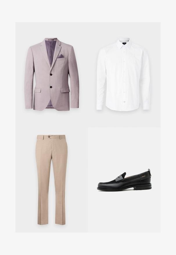 Blazer de lavanda claro con un diseño estructurado, dos botones negros, solapas con muesca y un pañuelo en el bolsillo del pecho. El forro interior es de color púrpura.; Camisa blanca de manga larga hecha de algodón. Presenta un cuello tipo button-down, cierre frontal con botones rosas y dobladillo curvado.; Pantalones beiges hechos de una tela ligera, con un corte recto, cierre de un solo botón y dos bolsillos frontales.; Mocasín de cuero negro con detalle de tira gris, tacón bajo y suela texturizada, con la marca "HUGO" en oro en el lateral.