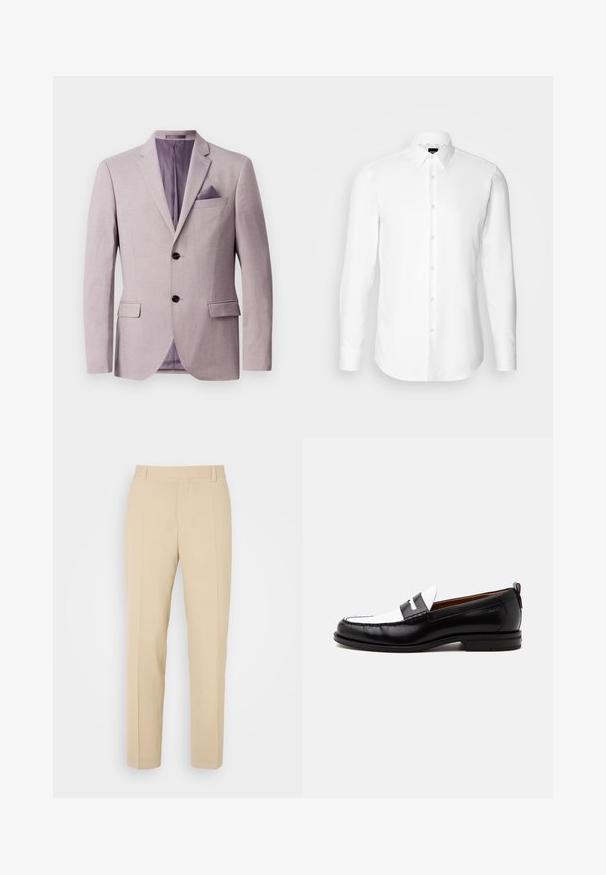Blazer de lavanda claro con un diseño estructurado, dos botones negros, solapas con muesca y un pañuelo en el bolsillo del pecho. El forro interior es de color púrpura.; Camisa blanca de manga larga, con cierre de botones en el frente, cuello clásico, confeccionada con una tela suave con una textura sutil, diseñada para un ajuste entallado.; Pantalones de color beige ajustados con un diseño de pierna recta, elaborados en una tela ligera, que presentan dos bolsillos frontales y pliegues bien planchados.; Mocasín de cuero blanco y negro con detalles cosidos, tacón bajo y diseño tipo slip-on, mostrado de lado sobre un fondo liso.