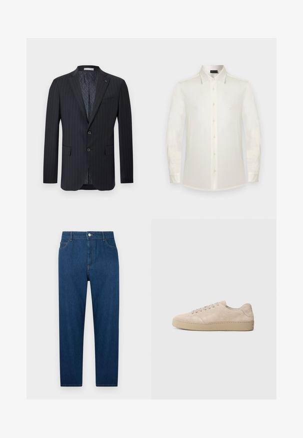 Blazer pour homme bleu marine foncé à rayures fines, avec col cranté, deux boutons à l'avant, poches à rabat et doublure intérieure à motif.; Chemise blanche à manches longues avec boutons, col classique et petit logo sur la poitrine gauche.; Jean droit en denim bleu foncé avec bouton et fermeture éclair à l'avant, design à cinq poches et coutures visibles à la taille et sur les poches.; Baskets en daim beige avec un bout rond, des lacets plats et une semelle en caoutchouc texturé. Design minimaliste avec des bords lisses et des coutures discrètes.