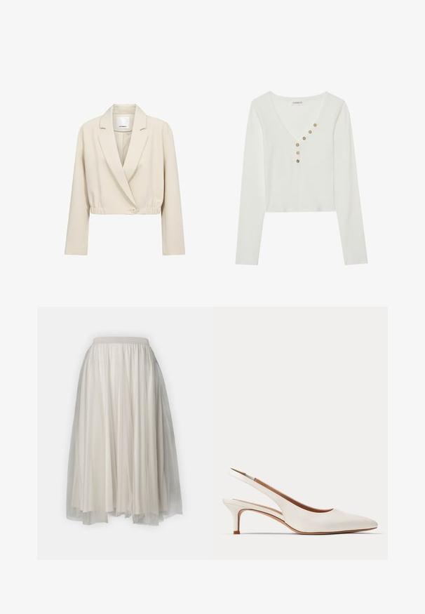 Blazer beige court avec manches longues, revers crantés, fermeture par un bouton et détail taille élastiquée.; Haut blanc à manches longues en rib et décolleté en V, avec six boutons décoratifs marron le long de la patte. Design décontracté et court.; Jupe blanche à plusieurs couches, avec un tissu intérieur lisse et une couche extérieure en tulle transparent, dotée d'une taille élastique pour plus de confort.; Chaussure en cuir blanche à bride arrière, talon kitten, bout pointu et petit talon sur fond uni clair.