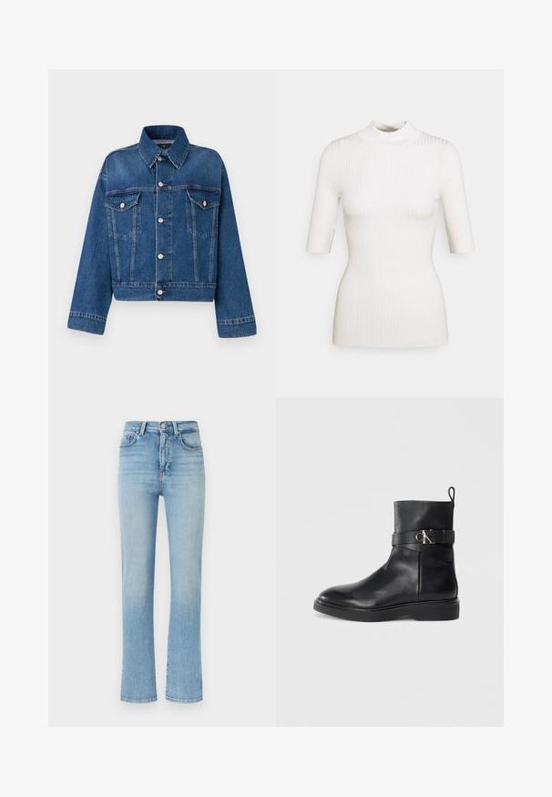 Blauwe spijkerjack met een kraag, twee borstzakken, knoopsluitingen en een cropped ontwerp. Voorzien van contrasterende stiksels en een gestructureerde afwerking.; Even&Odd Trui - off white; Lichtblauwe jeans met hoge taille en rechte pijpen, voorzien van een knoop- en ritssluiting aan de voorkant en een ontwerp met vijf zakken, afgebeeld op een witte achtergrond.; Zwarte leren enkelboot met een platte zool, voorzien van een zijriem en zilverkleurig CK-logo detail. Maak met een gladde textuur en gestroomlijnd ontwerp.