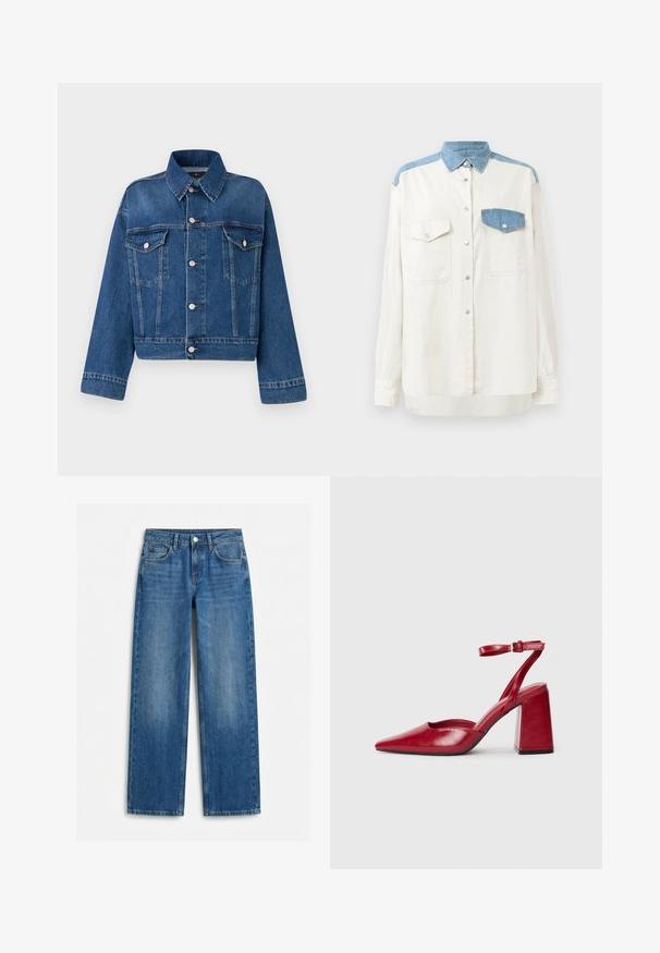 Blauwe spijkerjack met een kraag, twee borstzakken, knoopsluitingen en een cropped ontwerp. Voorzien van contrasterende stiksels en een gestructureerde afwerking.; Lange mouw crème shirt met denim kraag en schouderaccenten, met aan de voorkant twee met knopen gesloten zakken en metalen drukknoopsluitingen in het midden.; Blauwe jeans met rechte pijpen, voorzakken, riemlussen en een knoopsluiting, plat uitgestald op een witte achtergrond.; Rode leren slingback-hakken met een puntige neus, een stevige blokhak en een enkel verstelbaar enkelbandje. Gladde textuur, minimalistisch ontwerp.