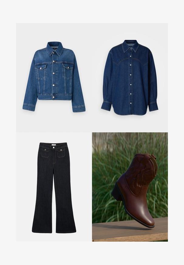 Blauwe spijkerjack met een kraag, twee borstzakken, knoopsluitingen en een cropped ontwerp. Voorzien van contrasterende stiksels en een gestructureerde afwerking.; Denim overhemd in donkerblauw, met een knoopsluiting aan de voorkant, klassieke kraag, lange mouwen en contrasterende stiksels over de schouder.; Flared donkerdenim jeans met een hoge taille, twee voorzakken en oranje stiksels. Het materiaal lijkt stevig en glad.; Bruine leren cowboylaars met decoratief stiksel, schuin omhoog geplaatst op een houten oppervlak met een vage groene grasachtergrond.