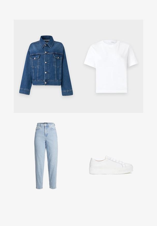 Blauwe spijkerjack met een kraag, twee borstzakken, knoopsluitingen en een cropped ontwerp. Voorzien van contrasterende stiksels en een gestructureerde afwerking.; Effen witte katoenen T-shirt met korte mouwen, ronde hals en rechte zoom, getoond op een witte achtergrond.; Lichtblauwe spijkerbroek met hoge taille, voorzijde met knoop- en ritssluiting, riemlussen en taps toelopende pijpen.; Witte leren sneaker met een glad oppervlak, ronde neus en platte zool. Voorzien van vetersluiting en subtiele stiksels.