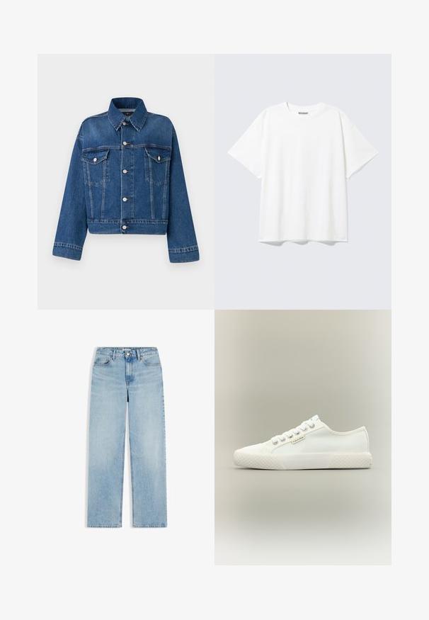 Blauwe spijkerjack met een kraag, twee borstzakken, knoopsluitingen en een cropped ontwerp. Voorzien van contrasterende stiksels en een gestructureerde afwerking.; Witte T-shirt met korte mouwen en een ronde hals, met een relaxte pasvorm en een "WEEKDAY" label aan de binnenkant achter bij de hals.; Lichtblauwe spijkerbroek met hoge taille en rechte pijpen, vijf zakken, knoopsluiting en ceintuurlussen, afgebeeld op een witte achtergrond.; Witte lage canvas sneaker met een getextureerde rubberen zool, witte veters en een klein Calvin Klein-label aan de zijkant.