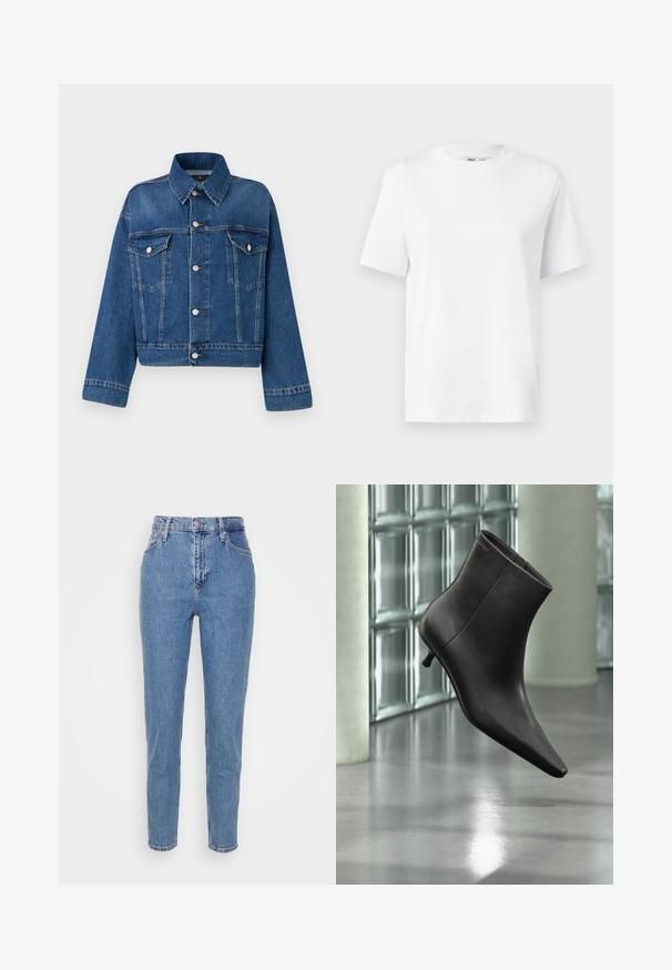 Blauwe spijkerjack met een kraag, twee borstzakken, knoopsluitingen en een cropped ontwerp. Voorzien van contrasterende stiksels en een gestructureerde afwerking.; Witte katoenen T-shirt met ronde hals, korte mouwen en een gladde textuur. Ontworpen met een comfortabele en veelzijdige relaxte pasvorm.; Blauwe high-waisted straight-leg jeans met een knoop en rits aan de voorkant, riemlussen en zakken, weergegeven op een effen witte achtergrond.; Zwarte leren enkellaars met puntige neus en lage hak, afgebeeld tegen een glazen blokkenmuur en gepolijste vloer op de achtergrond.