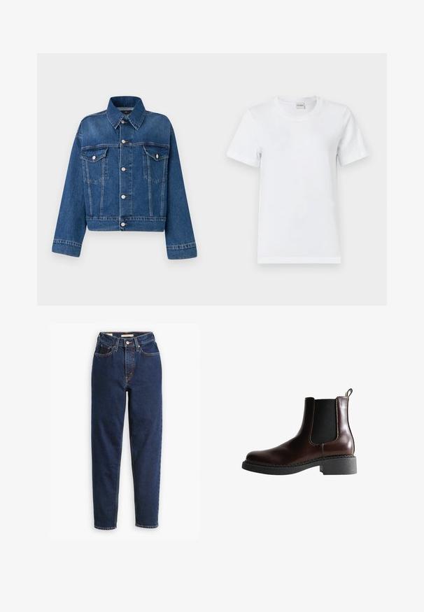 Blauwe spijkerjack met een kraag, twee borstzakken, knoopsluitingen en een cropped ontwerp. Voorzien van contrasterende stiksels en een gestructureerde afwerking.; Witte katoenen t-shirt met een ronde halslijn, korte mouwen, rechte zoom en een gladde textuur. Geen patronen of extra materialen.; Donkerblauwe denimjeans met een hoge taille, vijf-pocket ontwerp en rechte pijpen. Contrasterende stiksels en een knopen-flapsluiting.; Bruine leren enkelboot met elastische zijpanelen, ronde neus en een gestructureerde zwarte rubberen zool. Heeft contrasterende stiksels en een lusje aan de achterkant.