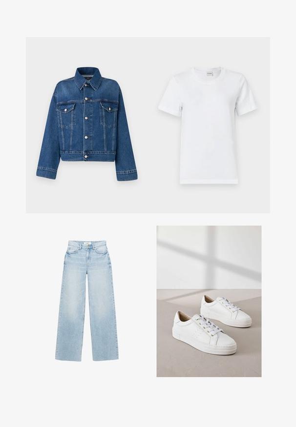 Blå denimjakke med krave, to brystlommer, knaplukninger og cropped design. Har kontrastsyninger og en tekstureret finish.; Hvid bomulds T-shirt med rund halsudskæring, korte ærmer, lige kant og en glat tekstur. Ingen mønstre eller yderligere hardware.; Lyseblå jeans med vide ben lavet af denim. Har høj talje, fem lommer og lynlås med knappelukning. Let slidt tekstur.; Hvide sneakers lavet af struktureret læder, med runde tå, flade hvide såler og gyldne snørehuller. Minimalistisk design med perforerede detaljer.
