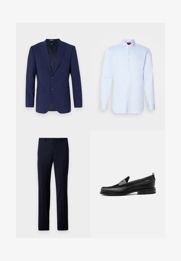 Marineblå blazer med strukturerede skuldre, enkeltrækkende design, to frontlommer, enkeltknaplukning, glat stof og diskret indvendigt mønster.; Lyseblå langærmet skjorte med knapper, spredt krave, rund kant og hvide knapper. Glat stof med en subtil glans.; Marineblå skræddersyede bukser med lige pasform, der har to frontplisser og en glat tekstur. Fremstillet af letvægtsstof.; Sort læderloafer med grå remdetalje, lav hæl og tekstureret sål, mærket med "HUGO" i guld på siden.