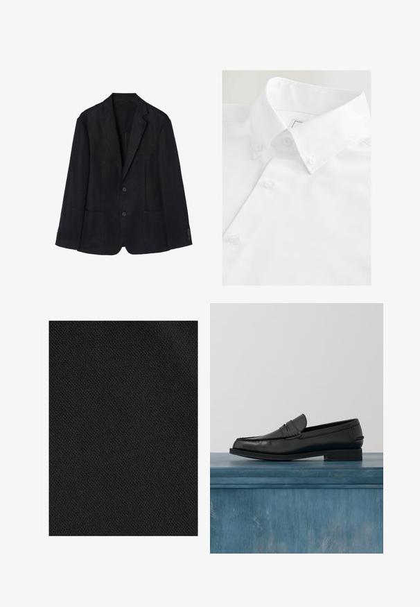 Marineblå linned blazer med to-knaps lukning, notch-lapper, to forreste lommer og knapmanchetter for en strømlinet silhuet.; Hvid skjorte med knap-ned krave, der har to hvide knapper, glat tekstur og sprød stof. Pænt foldet og strøget.; Sort vævet stof med en struktureret overflade og ensartede, indbyrdes låste mønstre, velegnet til forskellige tekstilapplikationer.; Sorte læderloafers med et slankt design, der har syning ved tåen og en glat finish. Skoen har en lav hæl og minimal udsmykning.