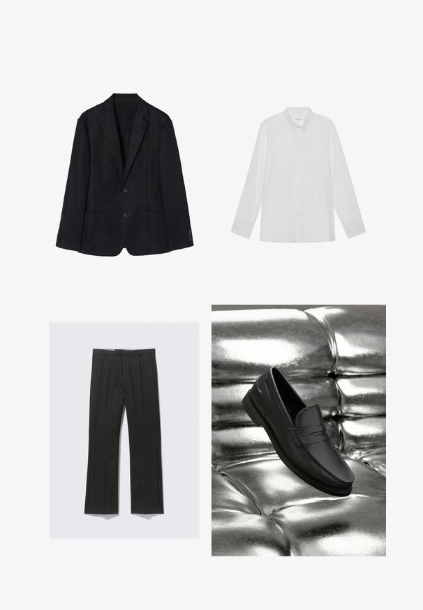 Marineblå linned blazer med to-knaps lukning, notch-lapper, to forreste lommer og knapmanchetter for en strømlinet silhuet.; Hvid langærmet skjorte lavet af glat stof, med spidse krave, frontknaplukning og enknapsmanchetter.; Sort stribede bukser med lige ben-design, der har en glat stoftekstur og to sidelommer.; Svarte læderloafers med en glat tekstur, der har syningsdetaljer og et klassisk design, vist mod en metallisk, skinnende baggrund.
