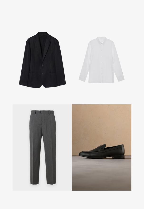 Marineblå linned blazer med to-knaps lukning, notch-lapper, to forreste lommer og knapmanchetter for en strømlinet silhuet.; Hvid langærmet skjorte lavet af glat stof, med spidse krave, frontknaplukning og enknapsmanchetter.; Kulsorte herre dressbukser med subtile pinstriber, knaplukning, bæltestropper og lige ben-design mod en hvid baggrund.; Sort læderloafer svæver over beige tæppe med beige sofa i et minimalistisk indendørsmiljø.