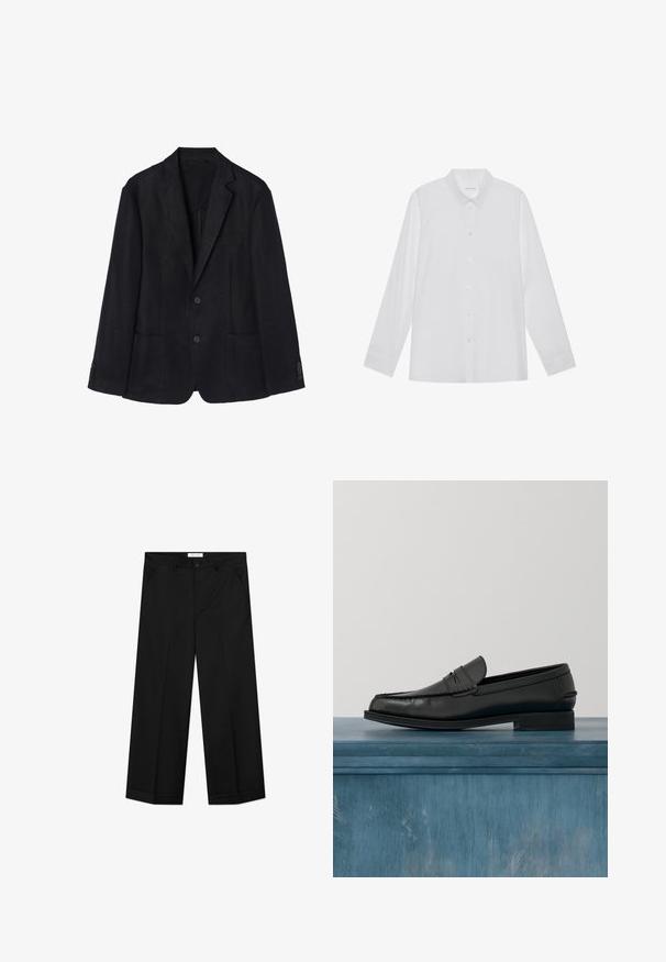Marineblå linned blazer med to-knaps lukning, notch-lapper, to forreste lommer og knapmanchetter for en strømlinet silhuet.; Hvid langærmet skjorte lavet af glat stof, med spidse krave, frontknaplukning og enknapsmanchetter.; Sorte bukser med vide ben lavet af et glat materiale, med forlommer, knaplåsning og en presset rille ned langs hvert ben.; Sorte læderloafers med et slankt design, der har syning ved tåen og en glat finish. Skoen har en lav hæl og minimal udsmykning.