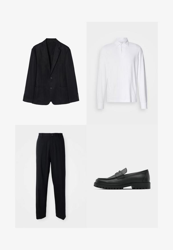 Marineblå linned blazer med to-knaps lukning, notch-lapper, to forreste lommer og knapmanchetter for en strømlinet silhuet.; Hvid langærmet polo shirt med krave og to knapper, vist på en lys grå baggrund.; Sorte lige bukser med bæltestropper, knaplukning og et slankt, minimalistisk design på en neutral baggrund.; Sorte læder loafers med rund tå, der har et syet design, lav platformssål og en struktureret, skridsikker gummisål.