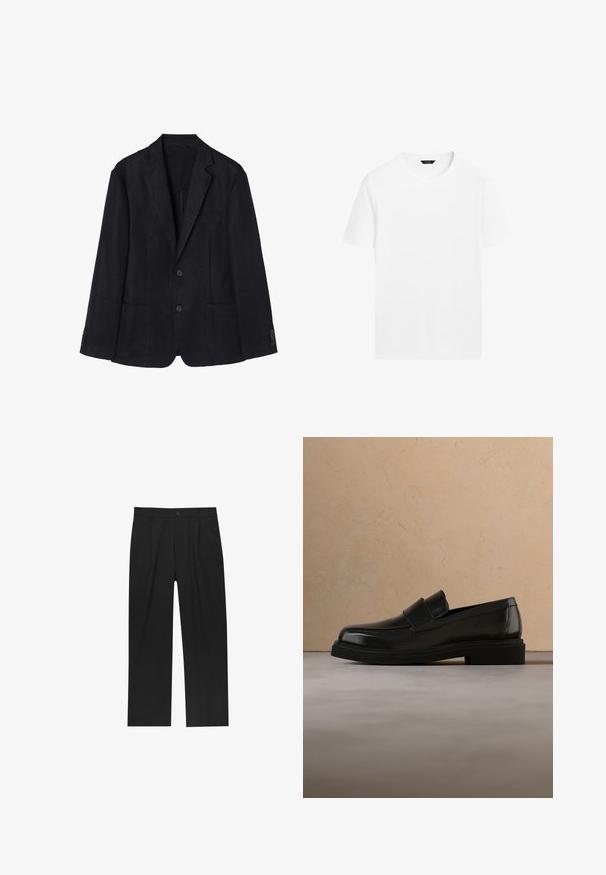 Marineblå linned blazer med to-knaps lukning, notch-lapper, to forreste lommer og knapmanchetter for en strømlinet silhuet.; Hvid bomulds t-shirt med rund hals, korte ærmer og lige skæring. Har en glat, let tekstur og ingen synlige mønstre.; Sorte bukser med lige ben, lavet af et glat stof. Har frontfolder og en enkelt knaplukning i taljen.; Sort læderloafer svæver over et beige tekstureret tæppe, med et rundt træ-sofabord og bøger i baggrunden.