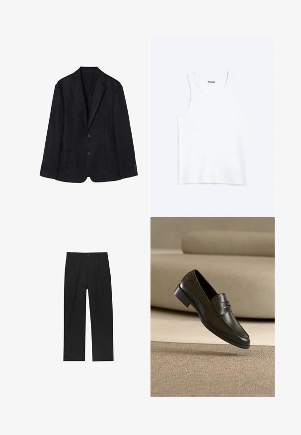 Marineblå linned blazer med to-knaps lukning, notch-lapper, to forreste lommer og knapmanchetter for en strømlinet silhuet.; Hvid ærmeløs tanktop med rund halsudskæring og Weekday-mærke på den indvendige baghals, vist fladt på lys baggrund.; Sorte bukser med lige ben, lavet af et glat stof. Har frontfolder og en enkelt knaplukning i taljen.; Sort lædersko med slip-on design, svævende over beige tæppe med beige sofa i baggrunden, der fremhæver klassisk herrestil.