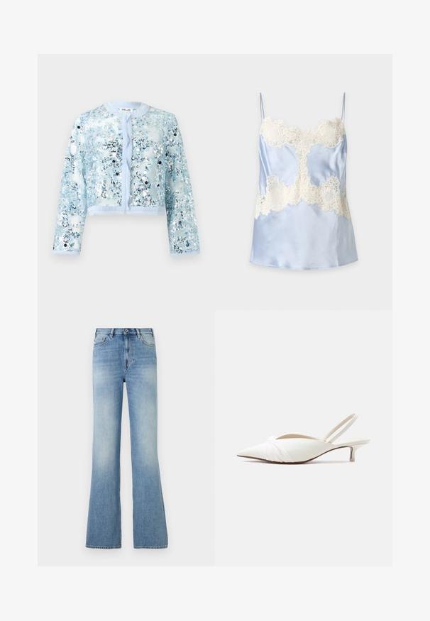 Lyseblå, gennemsigtig jakke med lange ærmer, rund halsudskæring, åben foran og dækket af skinnende sølv- og blå palietter.; Lyseblå satin camisole med hvide blonde detaljer på bryst og talje, med tynde skulderstropper og en glat finish.; Lyseblå højtaljede jeans med knap og lynlås foran, fem lommer, let udvidede ben og diskrete falmede områder på lårene.; Hvid spids slingback-sko med lav kitten heel og en snoet detalje foran på overlæderet.