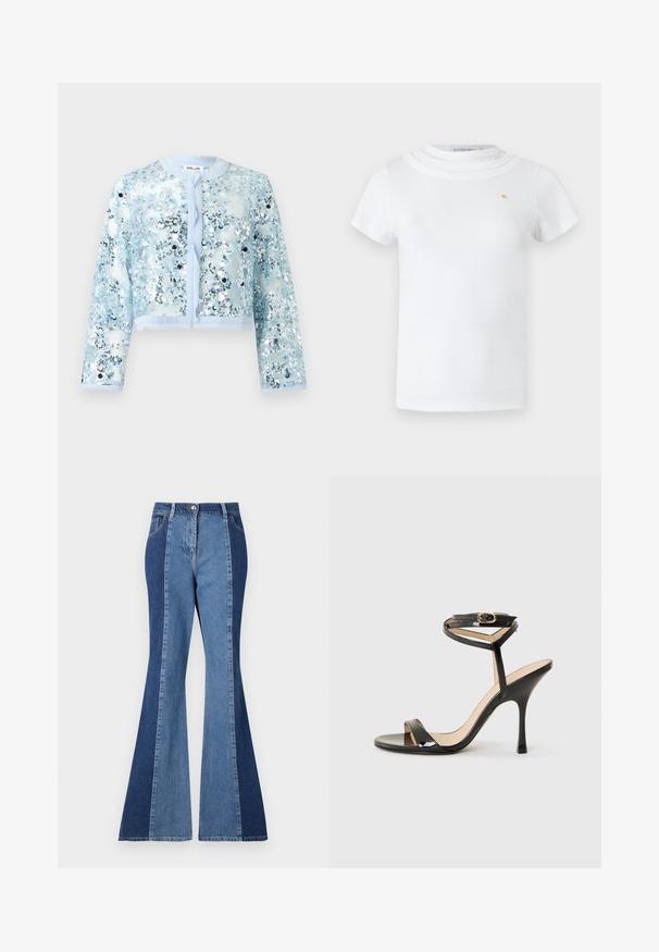 Veste longue transparente bleu clair à manches longues, col rond, ouverte devant et recouverte de sequins argentés et bleus brillants.; T-shirt blanc à manches courtes avec un col rond superposé et un petit emblème doré sur la poitrine gauche.; Jeans évasés avec un design bicolore comprenant des panneaux en denim bleu foncé et bleu clair, une fermeture à bouton sur le devant et un style de poche classique.; Sandale à talons hauts en cuir verni noir avec une fine bride de cheville et une boucle, orteil ouvert et talon aiguille mince sur fond blanc.