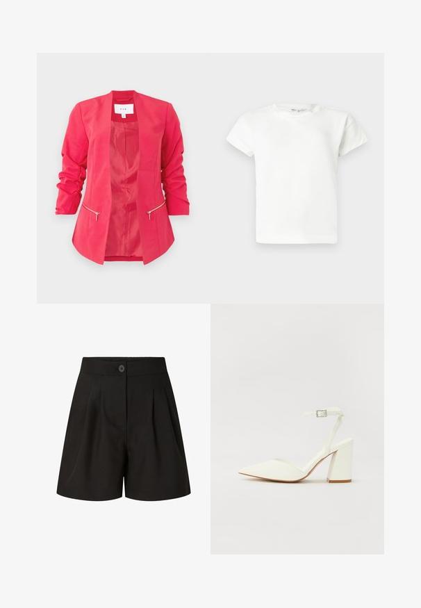 Blazer rose vif pour femme avec manches 3/4 froncées, devant ouvert et deux poches zippées horizontales à la taille.; T-shirt blanc uni à manches courtes et col rond, avec un ourlet droit, présenté sur un fond gris clair.; Shorts noirs taille haute ajustés avec plis à l'avant, fermeture par bouton et finition tissu lisse.; Sandale blanche à talon avec un bout pointu, sangle de cheville réglable et un talon carré épais. Texture lisse avec des détails de couture minimaux.