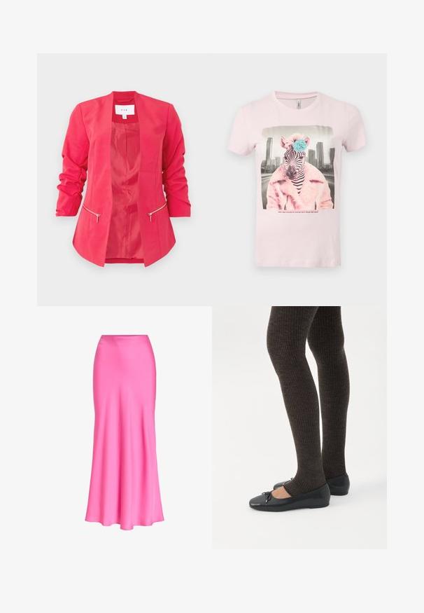 Blazer rose vif pour femme avec manches 3/4 froncées, devant ouvert et deux poches zippées horizontales à la taille.; T-shirt rose pâle avec un motif de zèbre en manteau de fausse fourrure rose et une fleur bleue sur la tête, sur fond de skyline urbaine.; Jupe midi en satin rose vif avec une taille ajustée et un léger évasement vers l'ourlet, tissu lisse et brillant, sans motifs ni embellissements.; Jambes portant des leggings côtelés foncés associés à des ballerines noires avec de petits détails en nœud sur fond blanc.