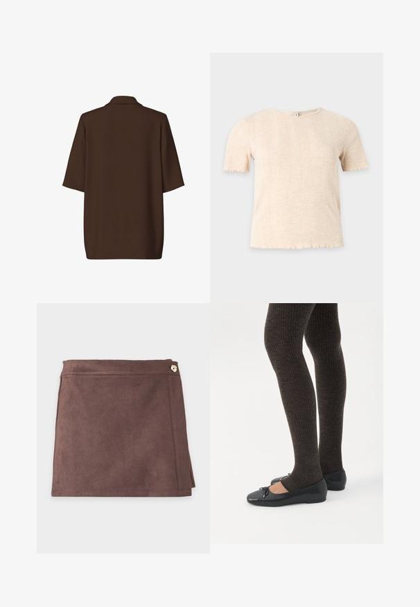 Veste blazer marron à manches courtes avec col, vue de dos sur un fond blanc uni.; Haut tricoté beige à manches courtes avec col rond et motif côtelé vertical discret, sur fond uni gris clair.; Mini-jupe en daim marron avec un bouton latéral et des détails de couture subtils sur un fond clair uni.; Jambes portant des leggings côtelés foncés associés à des ballerines noires avec de petits détails en nœud sur fond blanc.