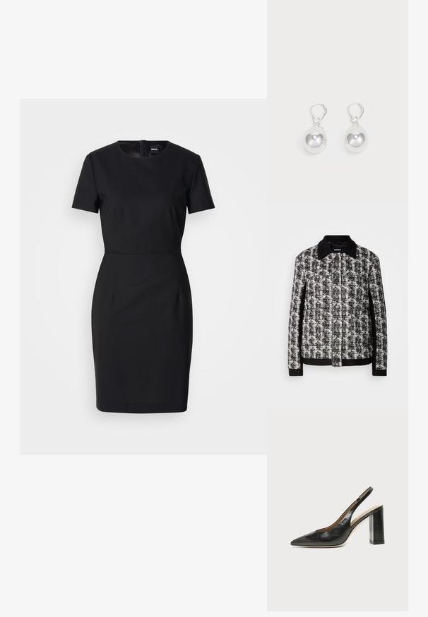 Chaqueta de patrón en blanco y negro con cuello camisero, cierre de botones y puños contrastantes. Confeccionada en tejido texturizado, presenta un corte entallado.; Vestido negro ajustado con mangas cortas, escote redondo y cremallera en la espalda. Está hecho de una tela suave con un brillo sutil y una cintura definida.; Zapato slingback de piel negra con puntera puntiaguda, tacón alto y ancho, y forro interior beige sobre un fondo claro y liso.; Pendientes de plata en forma de gota con superficies redondas y reflectantes colgando de cierres de palanca. El fondo es blanco liso.