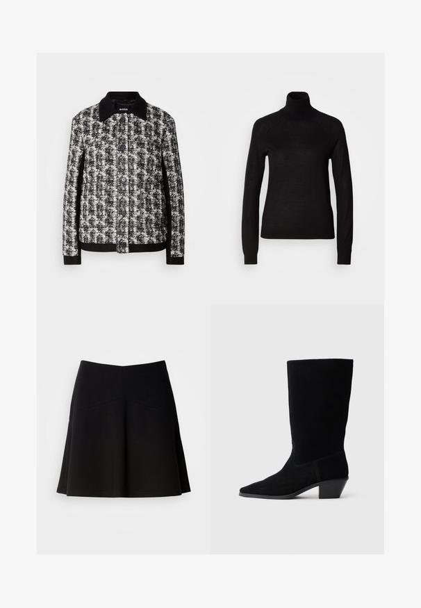 Chaqueta de patrón en blanco y negro con cuello camisero, cierre de botones y puños contrastantes. Confeccionada en tejido texturizado, presenta un corte entallado.; Suéter negro de cuello alto hecho de un tejido de punto ligero. Presenta mangas largas y una silueta ajustada con costuras raglán.; Falda negra acampanada hecha de una tela suave, con una cinturilla ajustada y detalles en las costuras. Textura suave con un diseño simple y clásico.; Botín de ante negro hasta el tobillo con punta afilada, caña de altura media y tacón grueso. Presenta costuras mínimas y una textura suave.