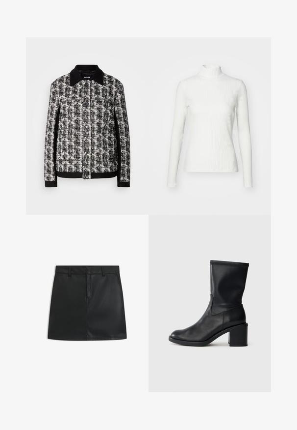 Chaqueta de patrón en blanco y negro con cuello camisero, cierre de botones y puños contrastantes. Confeccionada en tejido texturizado, presenta un corte entallado.; Top de cuello alto blanco con canalé y mangas largas, fabricado en una tela elástica. Presenta un diseño ajustado y un escote alto para mayor cobertura.; Mini falda de cuero negro con un diseño ajustado, que presenta una cremallera frontal, lazos para cinturón y costuras limpias. Textura suave con un acabado elegante.; Botín negro de cuero hasta el tobillo con punta redonda, textura suave y tacón grueso, que presenta un eje ajustado y un sutil detalle de costura.