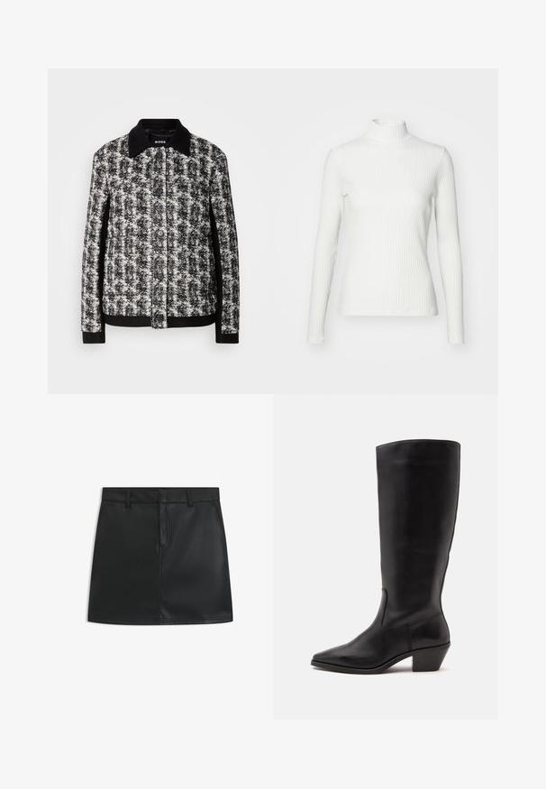 Chaqueta de patrón en blanco y negro con cuello camisero, cierre de botones y puños contrastantes. Confeccionada en tejido texturizado, presenta un corte entallado.; Top de cuello alto blanco con canalé y mangas largas, fabricado en una tela elástica. Presenta un diseño ajustado y un escote alto para mayor cobertura.; Mini falda de cuero negro con un diseño ajustado, que presenta una cremallera frontal, lazos para cinturón y costuras limpias. Textura suave con un acabado elegante.; Bota de cuero negra hasta la mitad de la pantorrilla con puntera puntiaguda y tacón bajo inclinado sobre un fondo claro y liso.
