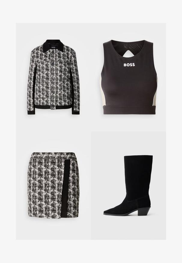 Chaqueta de patrón en blanco y negro con cuello camisero, cierre de botones y puños contrastantes. Confeccionada en tejido texturizado, presenta un corte entallado.; Top deportivo negro de corte crops con un respaldo en forma de ojal, que presenta la inscripción "BOSS" en blanco y acentos beige en los laterales. Fabricado con un tejido elástico y suave.; Falda de cuadro de ajedrez en blanco y negro con una cintura elástica, que presenta un panel de tela negra en el costado. Largo corto, tejido texturizado.; Botín de ante negro hasta el tobillo con punta afilada, caña de altura media y tacón grueso. Presenta costuras mínimas y una textura suave.