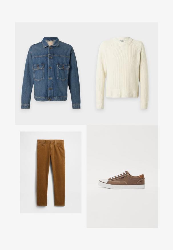 Blå denimjakke med knapfront, to knaplukningsbrystlommer og en klassisk krave på en ensfarvet baggrund.; Cremefarvet strikket sweater med lange ærmer, ribbede manchetter og kant, samt en rund halsudskæring på en ensfarvet hvid baggrund.; Brune cowboybukser med et lige ben design, som har fem lommer og en lukning med metal knap i taljen. Tekstureret stof.; Brune kanvas sneakers med hvide snørebånd, gummitåspids og kontrasterende tan-detaljer på hælen, med et lille tricolor-emblem.