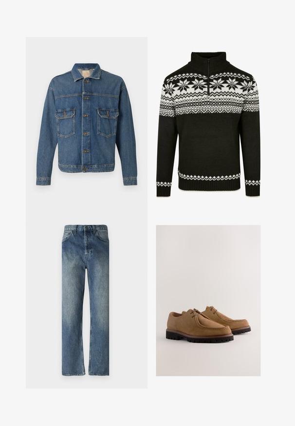 Blå denimjakke med knapfront, to knaplukningsbrystlommer og en klassisk krave på en ensfarvet baggrund.; Sort strikket sweater med en lynlåsekrave, der har hvide snefnugsmønstre langs den øverste del af kroppen samt ribbede manchetter og kant.; Blå denimjeans med lige ben, der har en falmet vask, bæltestropper, forlommer og en enkelt baglomme.; Tanfarvede ruskindssko med rund tå, snørelukning, kontrastsyning og robust sort ydersål med slidmønster.