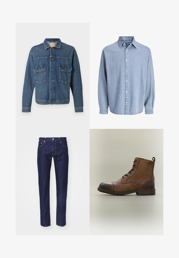 Blå denimjakke med knapfront, to knaplukningsbrystlommer og en klassisk krave på en ensfarvet baggrund.; Lysblå denim skjorte med lange ærmer og knapper, med krave og hvide knapper, præsenteret mod en helt hvid baggrund.; Mørkeblå denim jeans med lige pasform, fem-lomme design, kontrasterende orange syninger og en sølvknaplukning i taljen.; Brun læderstøvle med snørebånd, sort tåhætte, rund sål og mærket detalje på siden mod ensfarvet baggrund.