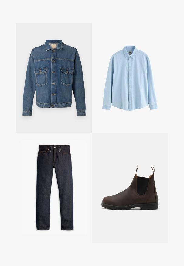 Blauwe denimjack met knopen aan de voorkant, twee met knopen afgewerkte borstzakken en een klassieke kraag op een effen achtergrond.; Lichtblauw denim overhemd met lange mouwen, knopen en kraag, medium maat, weergegeven tegen een witte achtergrond.; Donkerblauwe spijkerbroek met een rechte pasvorm, vijf zakken, koperen klinknagels, gele stiksels en een duidelijke textuur in de stof.; Bruine leren enkelboot met elastische zijpanelen en lusjes, voorzien van een gestructureerde oppervlakte en een duurzame zwarte rubberen zool.