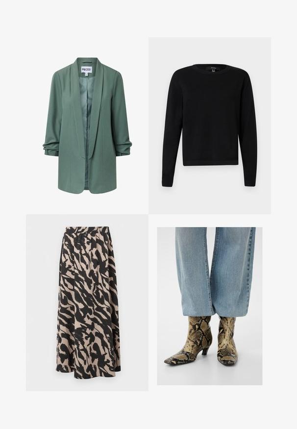 Lysegrøn skræddersyet blazer med sjalskrave, lange ærmer, åben front og let rynkning ved manchetterne.; Sort sweater med rund hals, lange ærmer, ribstrikkede manchetter og kant, lavet af blødt stof med en glat tekstur, minimalistisk design.; Beige midi-nederdel med løs pasform og abstrakt mønster af sorte penselstrøg, med elastik i taljen for komfort.; Blå denimjeans, der delvist dækker spidsede ankelstøvler med lav hæl og brunt og sort slangeskinmønster.