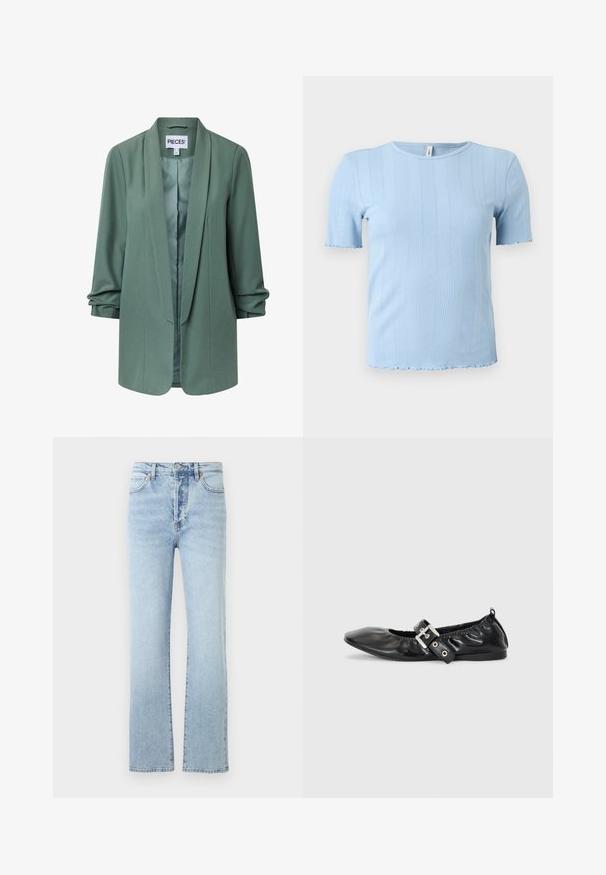 Lysegrøn skræddersyet blazer med sjalskrave, lange ærmer, åben front og let rynkning ved manchetterne.; Lyseblå kortærmet ribstrikket top med subtile lodrette mønstre og bølget kant på ærmer og kant.; Lys blå denim jeans med lige ben-design, featuring høj talje, klassisk fem-pockets stil, og subtil falmning.; Sorte læder flade sko med spids tå, samling detaljer omkring åbningen, og en sølv spænde accent på den justerbare rem.