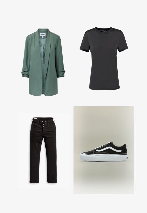 Americana entallada de color verde claro con cuello chal, mangas largas, diseño abierto en el frente y ligero fruncido en los puños.; Camiseta de manga corta negra, hecha de tela suave. Presenta un cuello redondo sin patrones ni acentos visibles, ofreciendo un diseño sencillo.; Vaqueros negros de pierna recta con cierre de botón, bolsillos delanteros y traseros, y detalles de remaches de cobre sobre un fondo blanco.; Zapatilla deportiva negra de corte bajo con raya lateral blanca, cordones blancos, suela de goma blanca y puntera texturizada sobre fondo neutro.