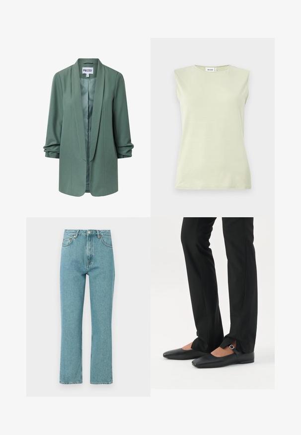 Lysegrøn skræddersyet blazer med sjalskrave, lange ærmer, åben front og let rynkning ved manchetterne.; Lysegrøn ærmeløs top med rund hals. Lavet af blødt stof, der har en glat tekstur og et minimalistisk design.; Lyseblå, høj talje jeans med lige ben-design. Lavet af denim, featuring forlommer og knaplukning.; Ben iført sorte smalle bukser med forreste slidser ved kanten, parret med sorte flade Mary Jane-sko med lille spænde.