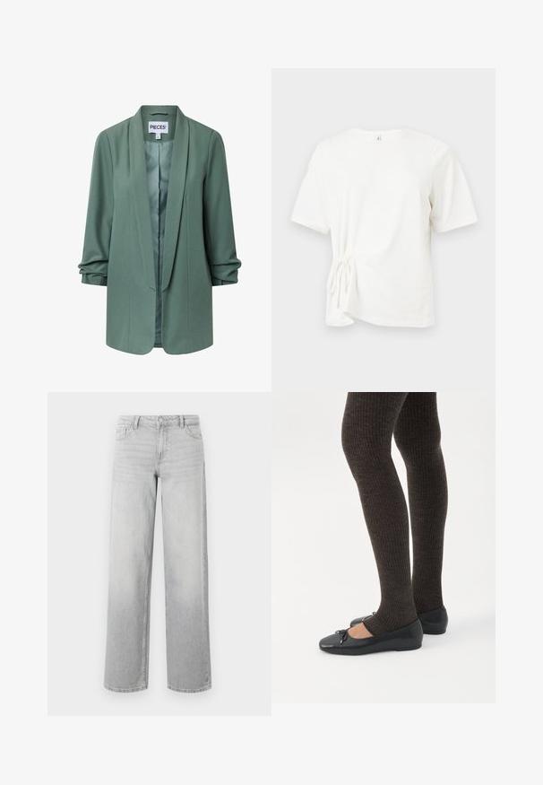 Lysegrøn skræddersyet blazer med sjalskrave, lange ærmer, åben front og let rynkning ved manchetterne.; Hvid bomuld T-shirt med korte ærmer, rund halsudskæring og samlet knudedetalje på venstre side. Glat tekstur og almindelig pasform.; Lysegrå brede jeans lavet af denim. Har fem lommer, knaplukning og en subtil falmet struktur for et slidt udseende.; Ben iført mørke ribbede leggings kombineret med sorte balletsko med små sløjfedetaljer på hvid baggrund.