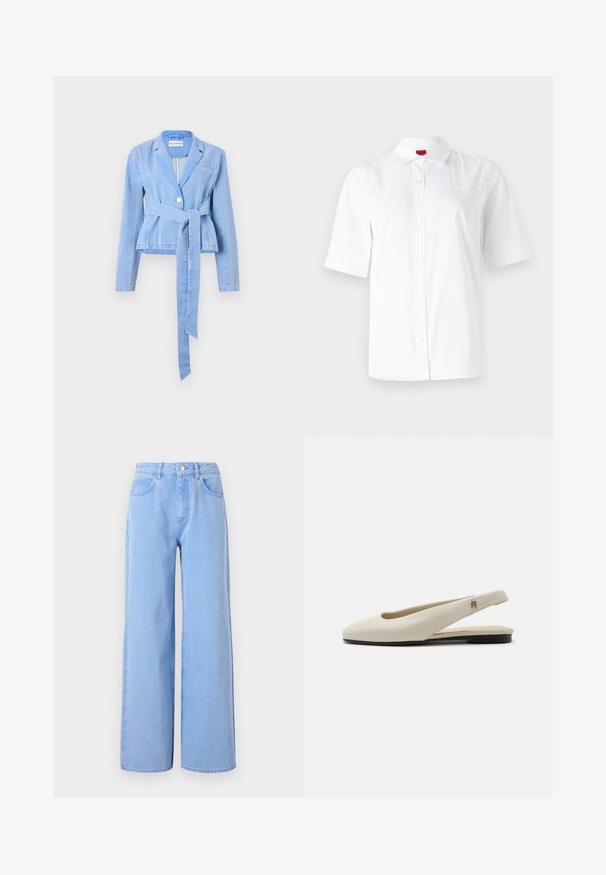 Lyseblå denimblazer med lange ærmer, en tætsiddende talje, et knyttet bælte, enkelt knaplukning og en notch-krave. Har en brystlomme.; Hvid kortærmet skjorte med knaplukning og klassisk krave, lavet af glat stof. Har et broderet logo på venstre brystområde.; Lyseblå brede denimjeans. Har en tætsiddende talje med bælte-løkker og frontlommer, sømdetaljer og en ren kant.; Flatsko i cremefarvet læder med rundet tå og lille guldemblem på remmen.