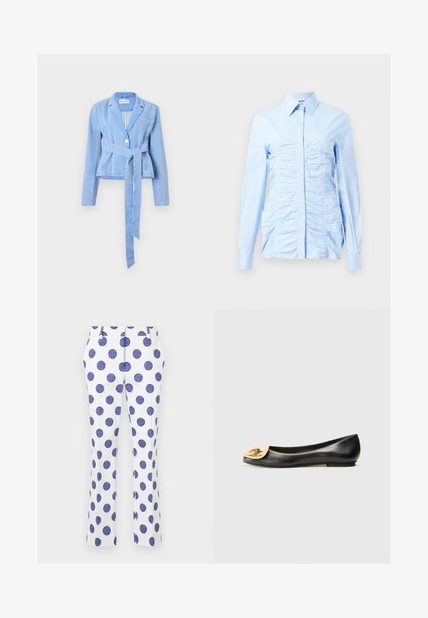 Lyseblå denimblazer med lange ærmer, en tætsiddende talje, et knyttet bælte, enkelt knaplukning og en notch-krave. Har en brystlomme.; Lyseblå langærmet skjorte med button-down krave, der har lodrette flæser på fronten og et figursyet design. Stof med bomuldsblanding.; Hvide bukser med store blå prikker, med flad front, to sidelommer og lige ben. Glat stoffrist.; Sort læder balletlejlighed med en rund tå, der har en metallisk gylden muslingebladformet detalje foran. Glat tekstur, lav hæl.