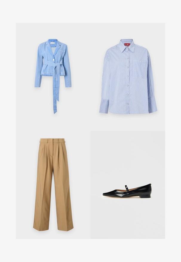 Lyseblå denimblazer med lange ærmer, en tætsiddende talje, et knyttet bælte, enkelt knaplukning og en notch-krave. Har en brystlomme.; Blå og hvid stribet skjorte med krave, lange ærmer, frontknapper og en venstre brystlomme med matchende striber.; Beige bomuldsbukser med høj talje, plisseret foran, brede ben og en glat tekstur. Har standard talje og bælteløkker.; Sorte patenterede læder Mary Jane flade sko med spids tå, én rem og lav hæl på ensfarvet baggrund.